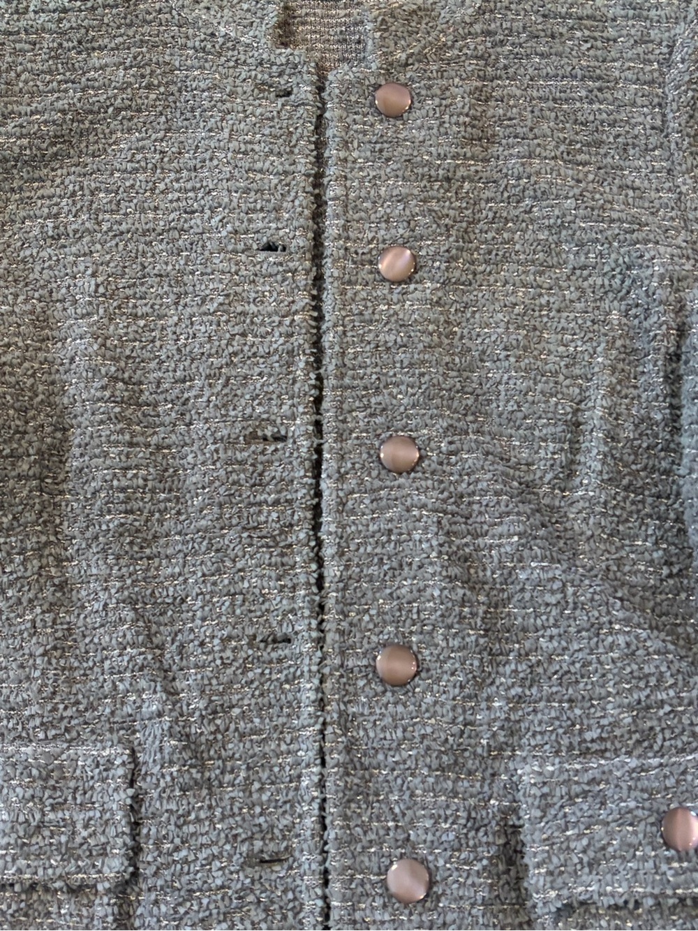 St. John Ribbon Eyelash Gray Tweed Bouclé Button-Front Long Sweater Jacket sz 14 - Picture 2 of 7